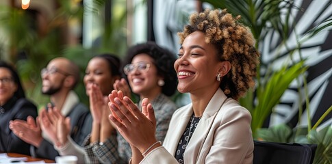 Obraz premium A smiling business woman applauds at a business conference.