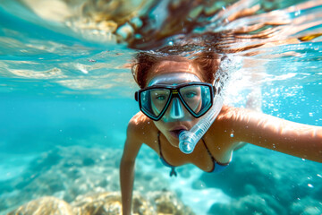 Naklejka premium girl practicing snorkeling , holidays concept, sport concept