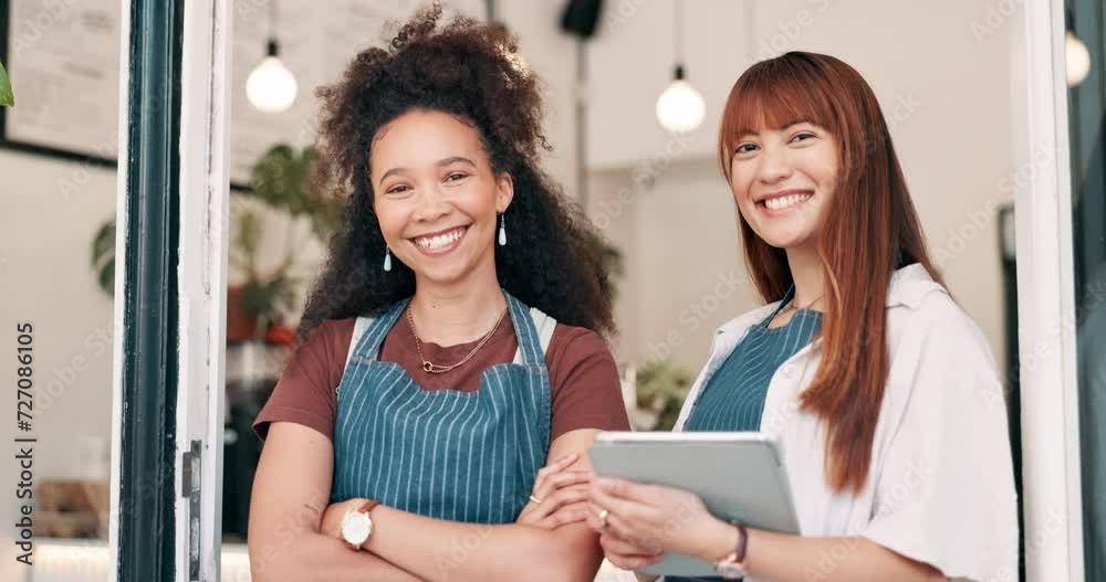 Poster Happy woman, tablet and team by door at cafe for small business management or leadership. Portrait of female person or employees smile with technology by entrance for creative startup at coffee shop