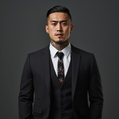 Portrait of an asian man with tattoos in a black suit. Brutal tattooed Japanese man standing on a gray background looking at camera. Studio shot of a serious Chinese man with tattoos looking forward.