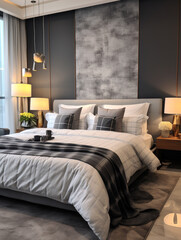 Modern hotel room with a neatly made bed, plush pillows, and elegant scandinavian simple decor.