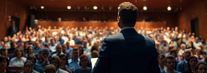 Speaker standing in front of the audience. Public speaking concept.