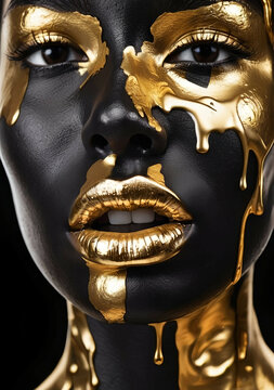 an image of the black and gold model face paint is being applied to her face