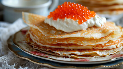 Russian pancakes with red caviar and sour cream. Maslenitsa holiday. 
