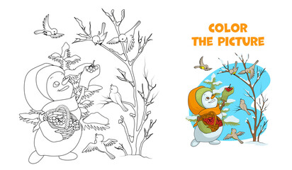 Smiling snowman girl feeding birds in the forest in winter. Coloring page. Cartoon vector illustration.