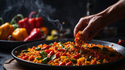 A hand dropping pepper into a paella, beautiful photography, close-up