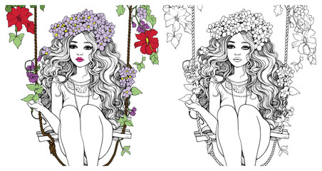 Coloring page for adults with beautiful girl is sitting on a swing