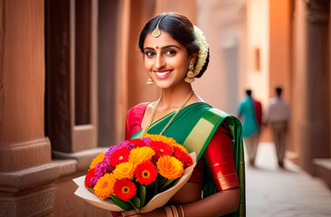 A beautiful smiling Indian girl in an orange-green sari with a bouquet of red and yellow flowers in the center of the frame, a blurred background of the street, a banner