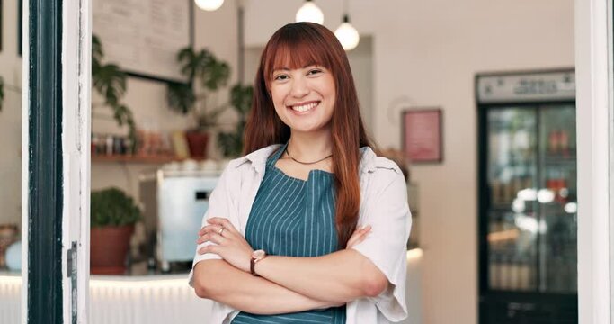 Smile, arms crossed and asian woman at entrance to coffee shop for small business opening or welcome. Portrait, retail and entrepreneur with happy startup cafe owner at door of restaurant for service