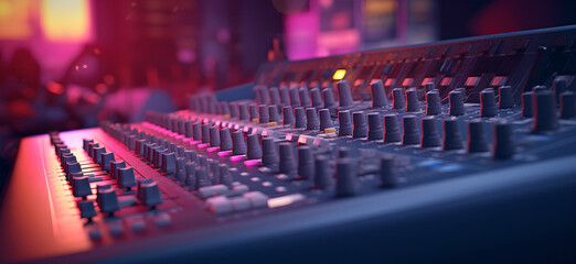 dj mixer in a studio , Close-Up of Audio Mixing Board , blurry background