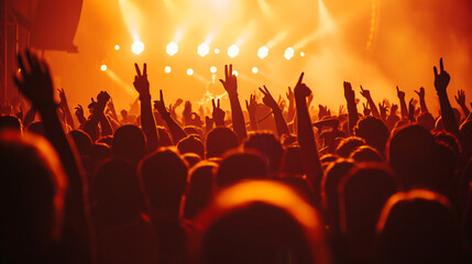 Fototapeta na wymiar Silhouette of ecstatic crowd rejoicing at an electrifying concert under vibrant lights. Embrace the contagious energy of live music with this captivating image.