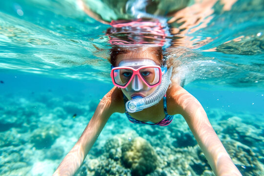 girl practicing snorkeling , holidays concept, sport concept