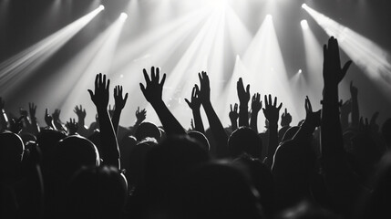 Silhouette of a euphoric crowd cheering and waving hands at a massive concert, creating an electrifying atmosphere. Perfect for illustrating the energy of live shows and the unity of music l - obrazy, fototapety, plakaty