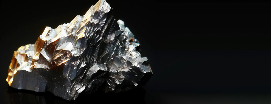 Antimony is a rare precious natural stone on a black background. AI generated. Header banner mockup with space.