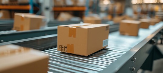Close up of multiple cardboard box packages moving along a conveyor belt in a busy warehouse - Powered by Adobe