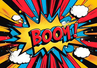 comics pop art style boom sign frame in bright colors, superhero party theme. Generative AI