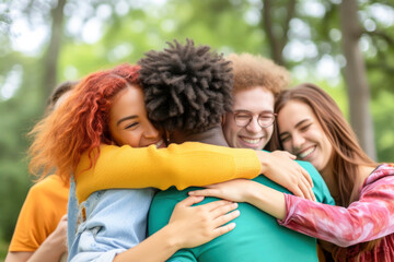 Fototapeta premium Diverse young friends hugging each other outdoors - Multiethnic group of people