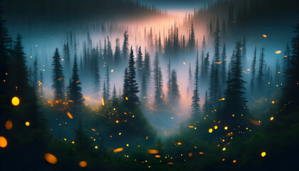 Summer evening at twilight with fireflies flying through a forest landscape.Misty forest landscape with glowing firefly