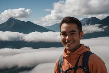Handsome hiker hiking on a rocky mountain above clouds with copy space.