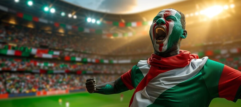 Excited italian fan with face paint cheering at stadium, blank space for text, blurry background.