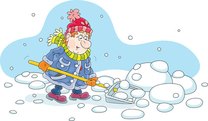 Funny man in warm clothes diligently cleaning snow with his shovel in a courtyard of a house on a snowy and cold winter day, vector cartoon illustration on a white background © Alexey Bannykh