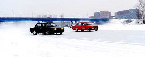 car racing on ice in winter