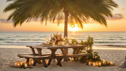 Fototapeta premium Picture a romantic beach picnic table setup for two during the golden hour with the soft glow of the setting sun, the gentle rustle of palm leaves, and the intimate ambiance created by the carefully a