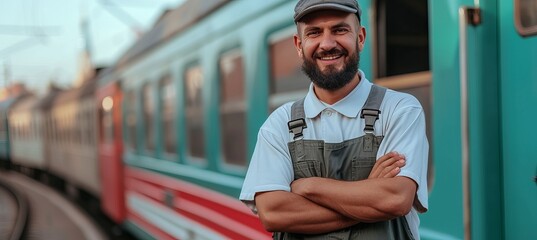 Smiling bearded train driver with crossed arms in front of train, hat, copy space - obrazy, fototapety, plakaty