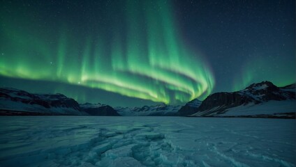 A vast glacier landscape under the northern lights, with a clear, starry sky above Generative AI