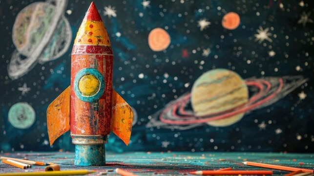 A toy rocket against the background of a child's drawing of space with planets and stars drawn with crayons and pencils on a school board. Study school astronomy concept