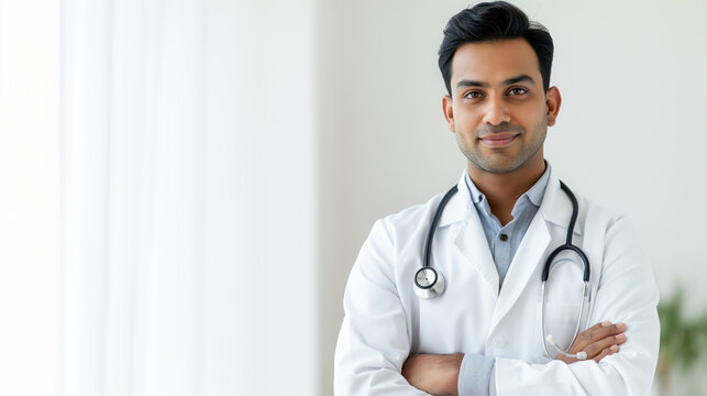 Detailed and HD image of an Indian doctor in a bright and white-toned studio photoshoot