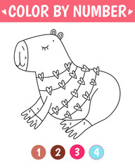 Color by number game for kids. Cute lovely capybara. Valentine day coloring book. Printable worksheet with solution for school and preschool. Learning numbers activity.