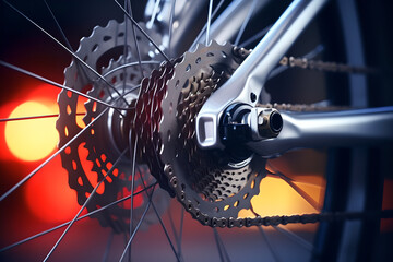 Close-Up of bicycle braking system in the wheel of a bicycle , bike ,gear , blur background