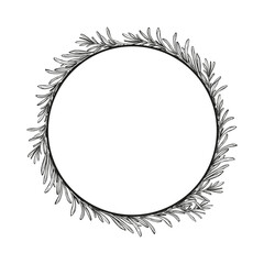monochrome wreath with hand drawn vector illustration of rosemary brunch, black and white inked sketch of herb, spice plant isolated on white background