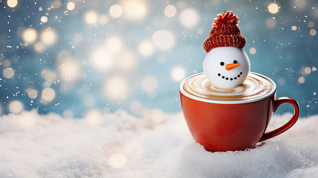 Cup of coffee or hot chocolate with melted marshmallow snowman. Winter cozy hot drink with milk foam snowman. Holiday background with copy space. Christmas and New Year time.