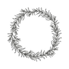 monochrome wreath with hand drawn vector illustration of rosemary brunch, black and white inked sketch of herb, spice plant isolated on white background