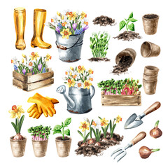 Gardening set. Spring works in the garden concept. Hand drawn watercolor illustration isolated on white background © dariaustiugova