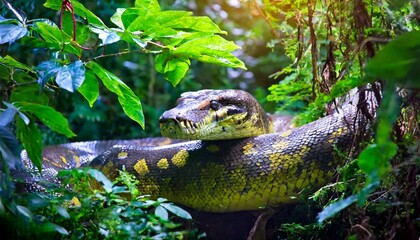Giant python in the rainforest, scary lizard, reptile