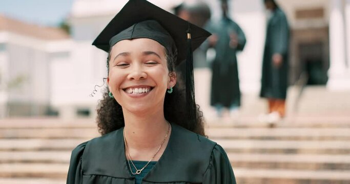 Face, smile and graduation with student woman at celebration event for university or college success. Portrait, education and milestone with happy young graduate on campus for academy ceremony