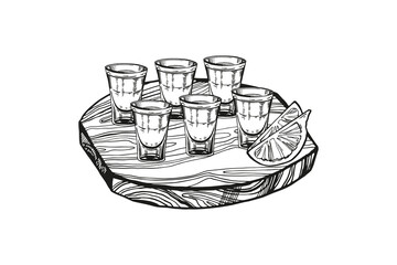set of vector shot glasses for alcoholic drinks on wooden board and slices of lemon, hand drawn sketch of shot glasses for strong alcohol, black and white inked illustration isolated, white background