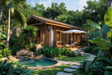 Fototapeta na wymiar a mini house with big tropical garden and a mini pool