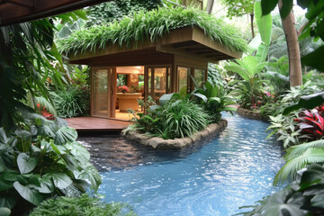 a mini house with big tropical garden and a mini pool
