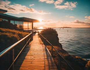 real estate photography of a minimalist house on the beach shore. 