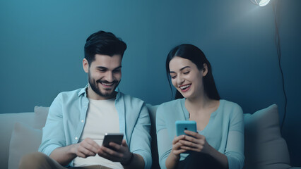 A young couple is having a great time looking at their smartphones. The small pleasures of life.