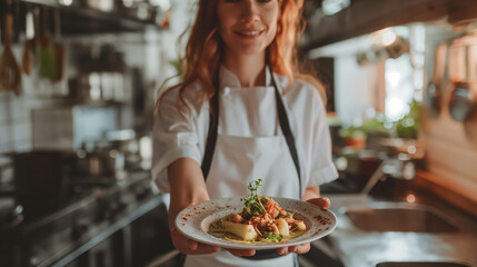 Elegantly composed kitchen photo highlighting a woman presenting a beautifully plated dish