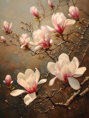 classic luxury premium white magnolia flower painting for wall art, craft work, card, wallpaper and background  - obrazy, fototapety, plakaty