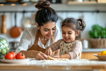 Happy Indian mother teaches her little daughter to make food in the kitchen