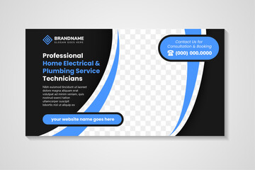 professional home electrical and Plumbing service technicians social media post banner design template. vector illustration with space for photo. combination between blue element and black