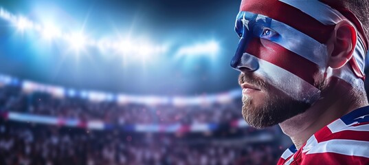 Usa football fan with face paint cheering in blurry stadium background, perfect for text placement
