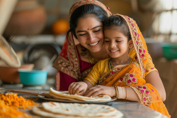 A loving Indian mother feeding her little daughter Rotis